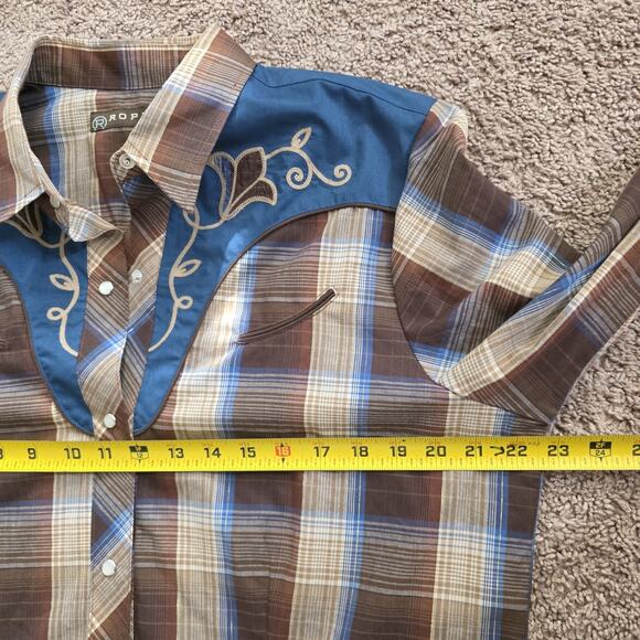 Roper Embroidered Plaid Western Shirt Mens XL Pearl Snap Rodeo Blue Brown Lurex - Picture 8 of 10